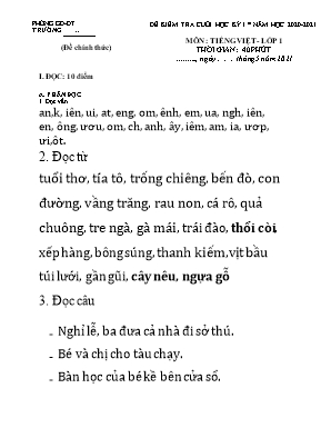 Đề kiểm tra cuối học kỳ I môn Tiếng Việt Lớp 1 (Chân trời sáng tạo) - Năm học 2020-2021